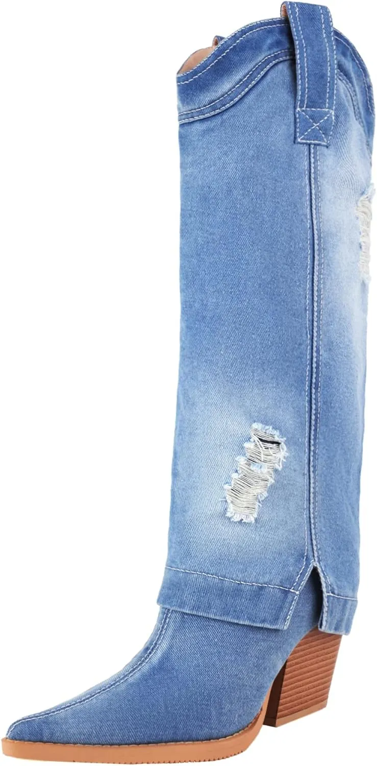 Reitoye Cowboy Boots for Women Embroidery Western Cowgirl Knee High Chunky Heel Boots with Pull-Up Tabs