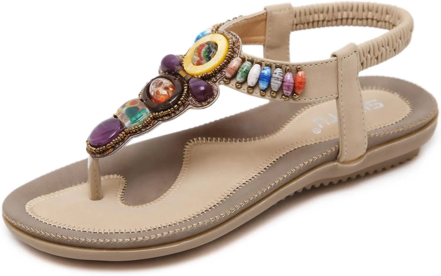 Rhinestone Sandals for Women Vintage T-Strap Buckle Bohemian Pearl Crystal Flat Sandals