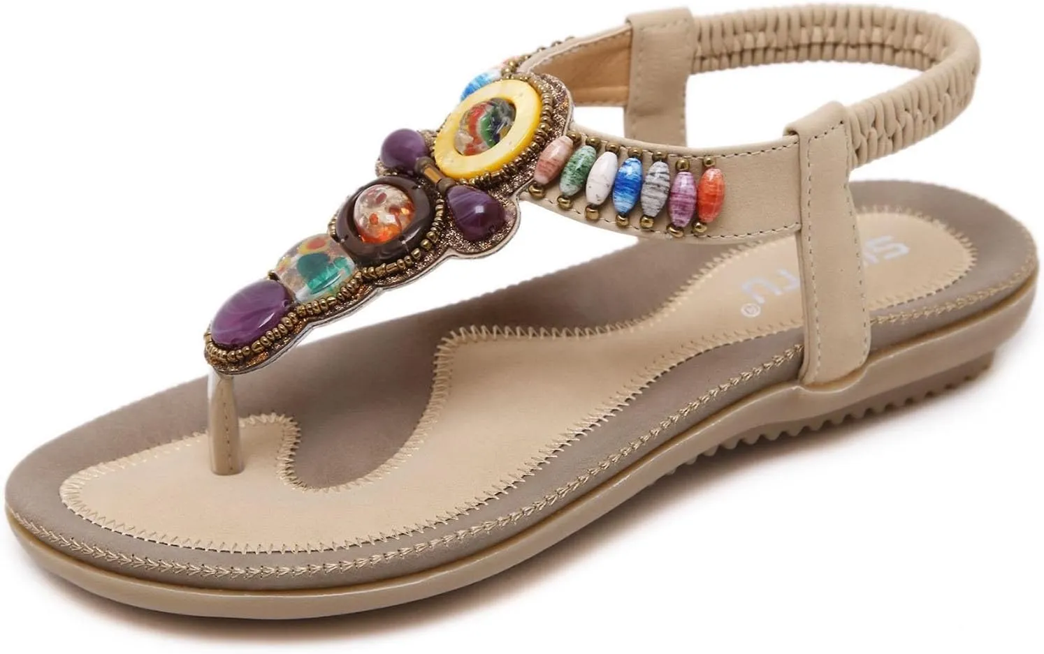 Rhinestone Sandals for Women Vintage T-Strap Buckle Bohemian Pearl Crystal Flat Sandals