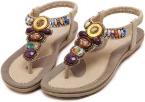 Rhinestone Sandals for Women Vintage T-Strap Buckle Bohemian Pearl Crystal Flat Sandals