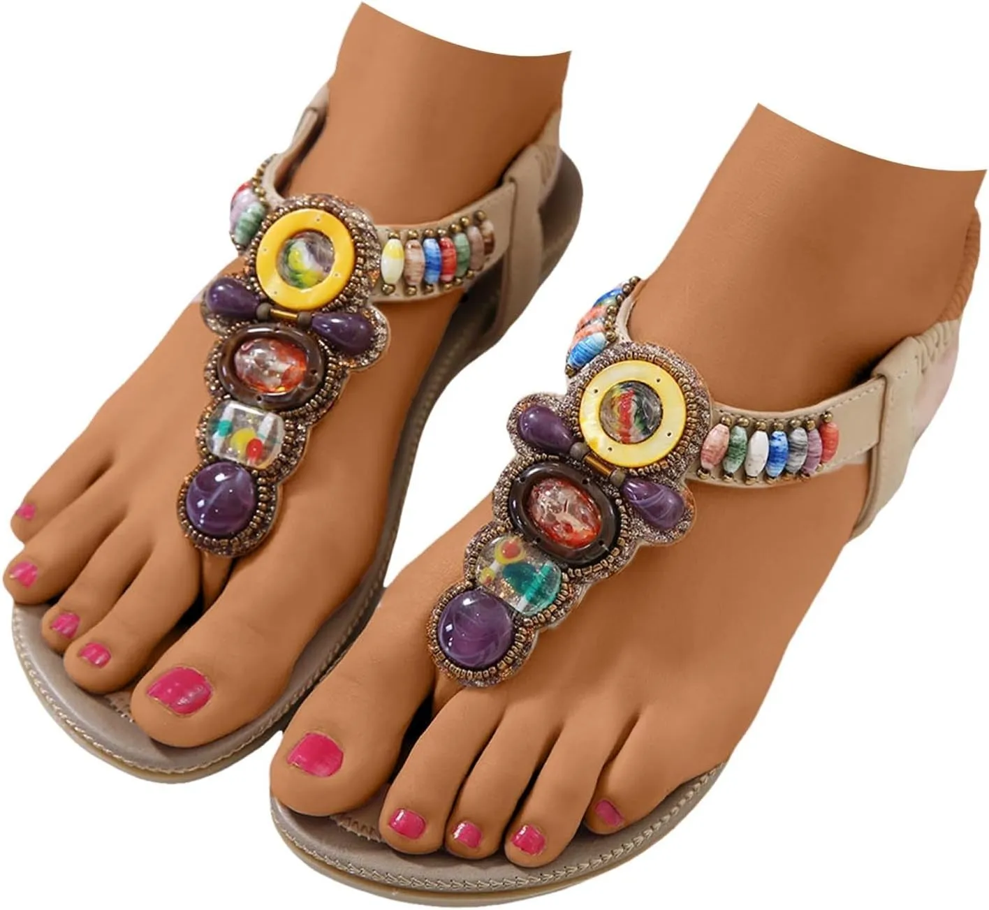 Rhinestone Sandals for Women Vintage T-Strap Buckle Bohemian Pearl Crystal Flat Sandals