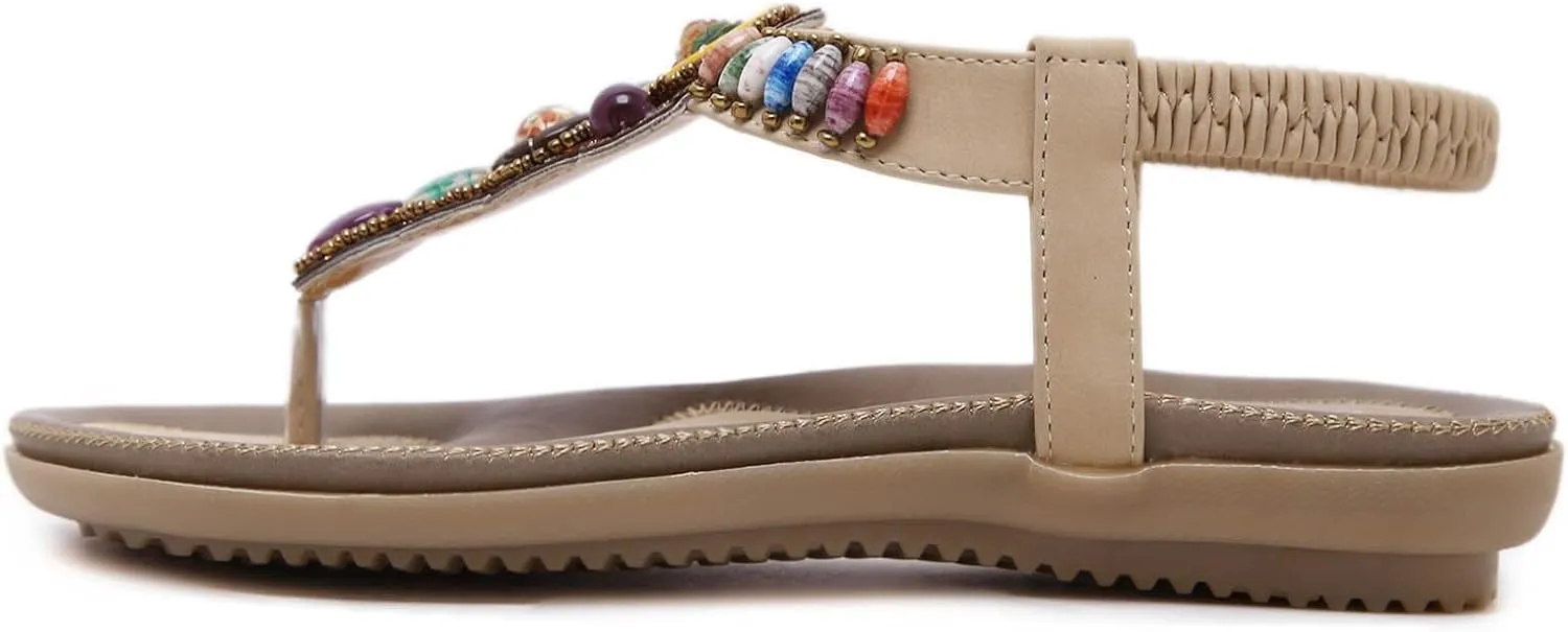 Rhinestone Sandals for Women Vintage T-Strap Buckle Bohemian Pearl Crystal Flat Sandals