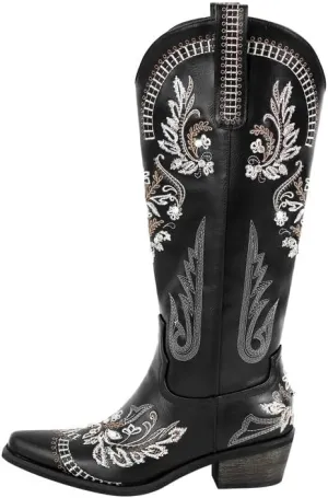 Richealnana Women's Cowgirl Round Roe Short Boots Embroidered Boots Chunky Heels