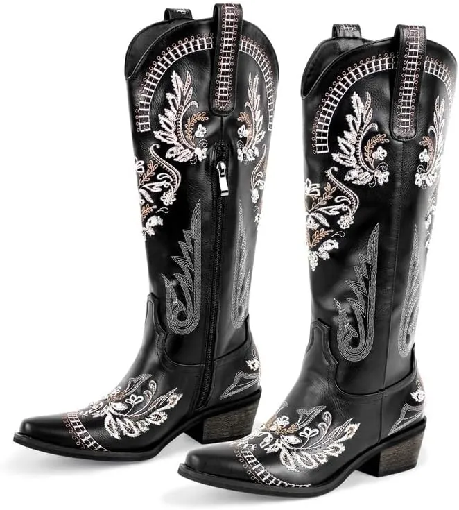 Richealnana Women's Cowgirl Round Roe Short Boots Embroidered Boots Chunky Heels