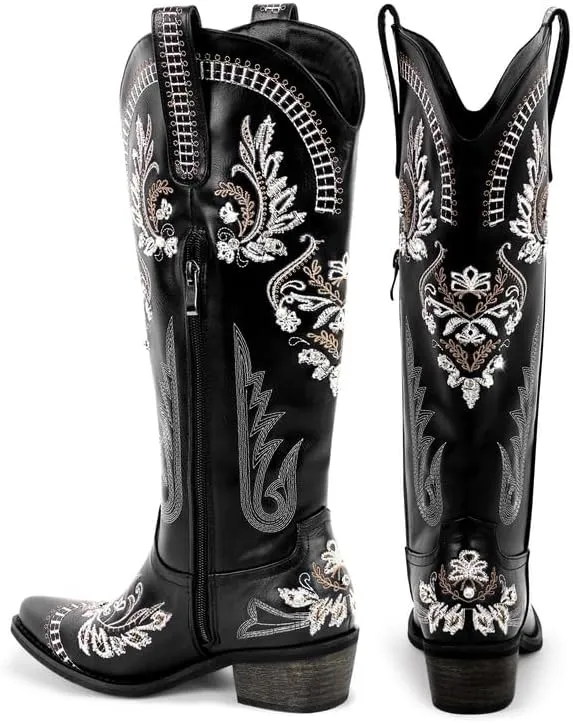 Richealnana Women's Cowgirl Round Roe Short Boots Embroidered Boots Chunky Heels