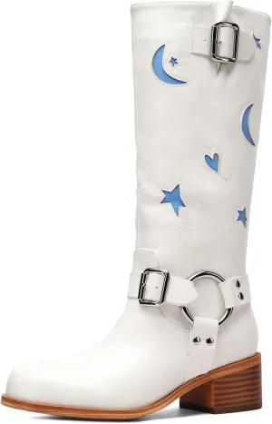 Riding Boots for Women Knee High with Buckle Stars Moon Heart Patterns Low Heel