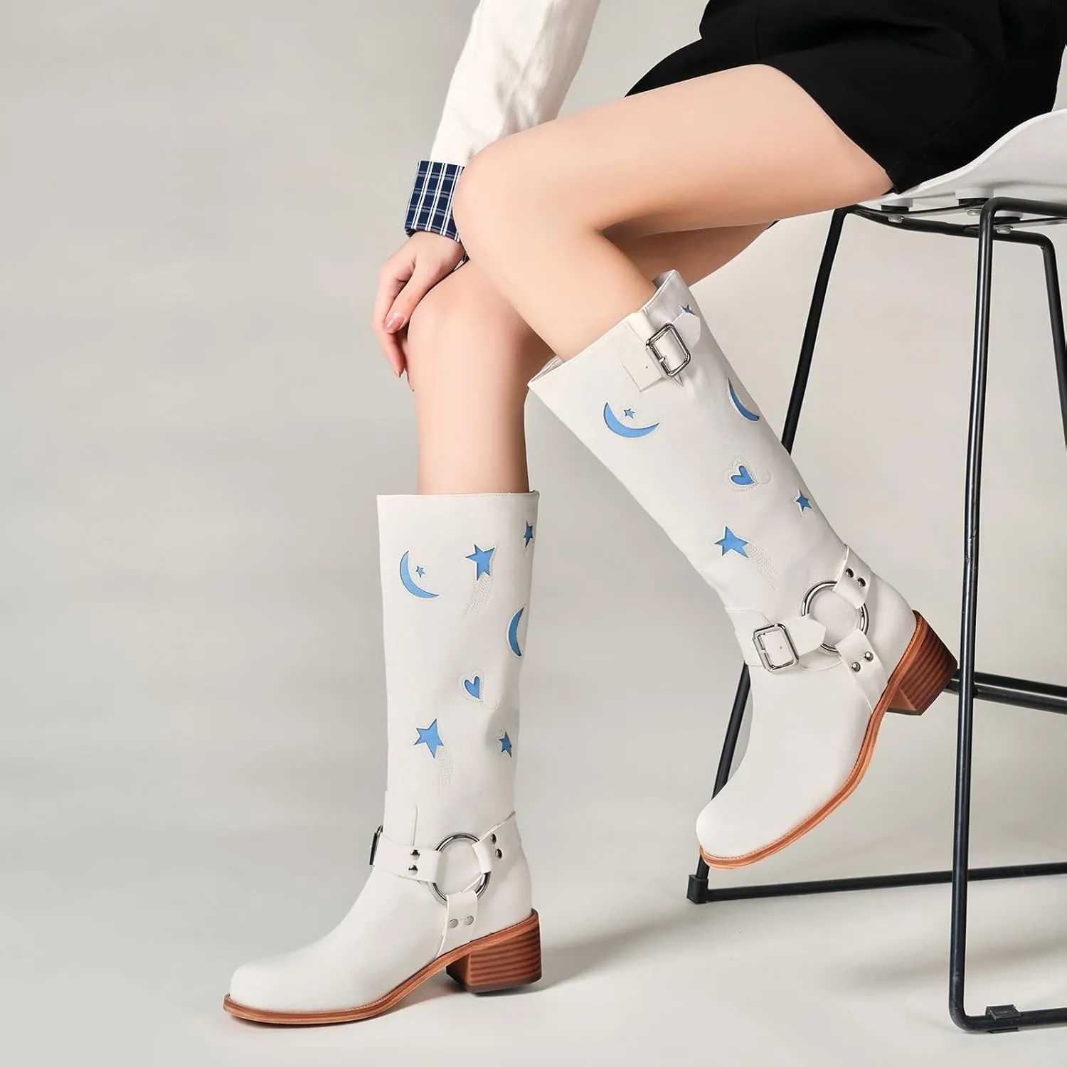 Riding Boots for Women Knee High with Buckle Stars Moon Heart Patterns Low Heel