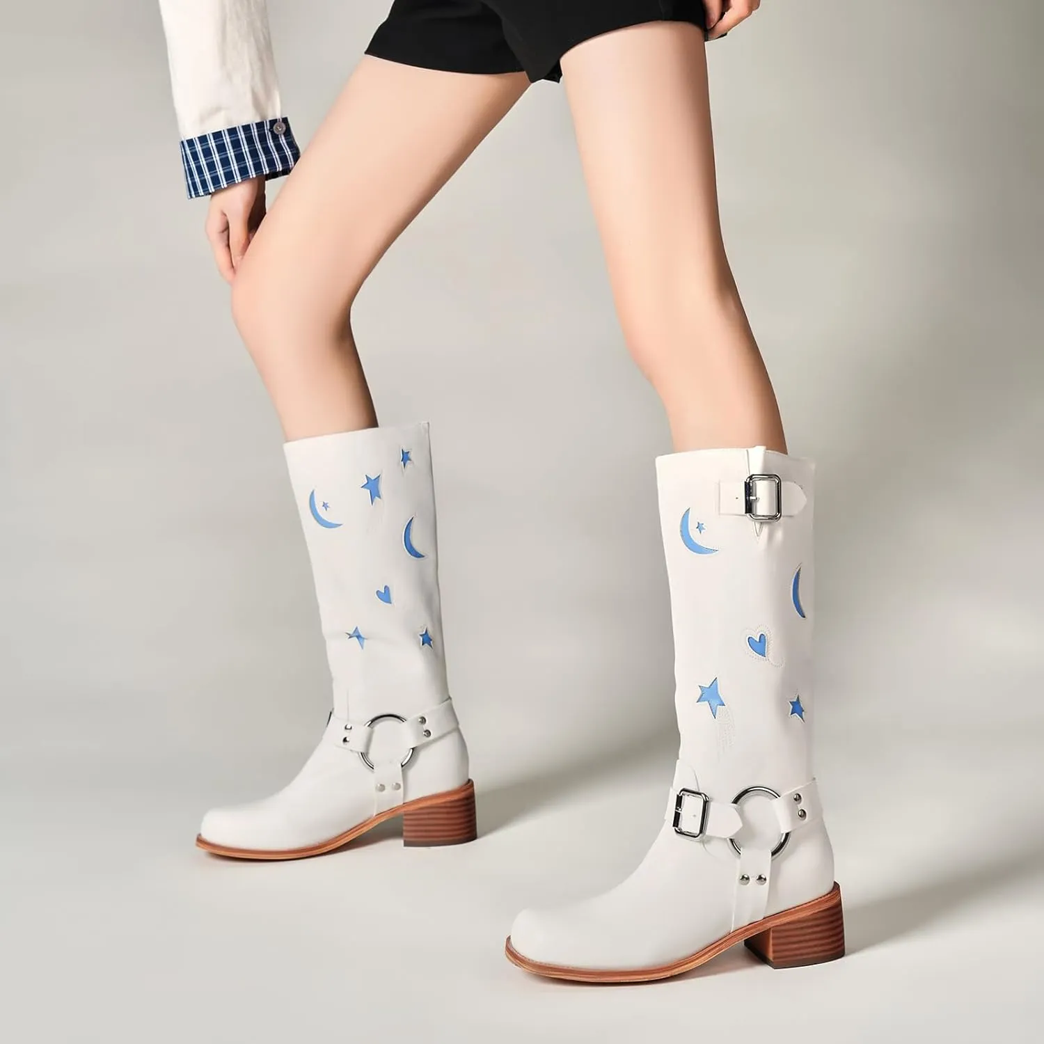 Riding Boots for Women Knee High with Buckle Stars Moon Heart Patterns Low Heel