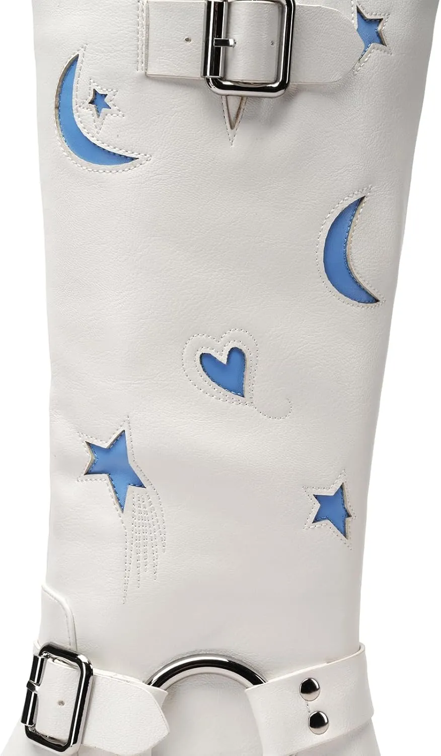 Riding Boots for Women Knee High with Buckle Stars Moon Heart Patterns Low Heel