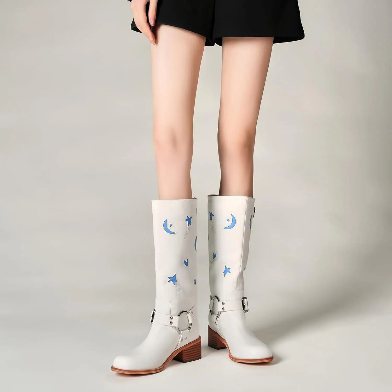 Riding Boots for Women Knee High with Buckle Stars Moon Heart Patterns Low Heel