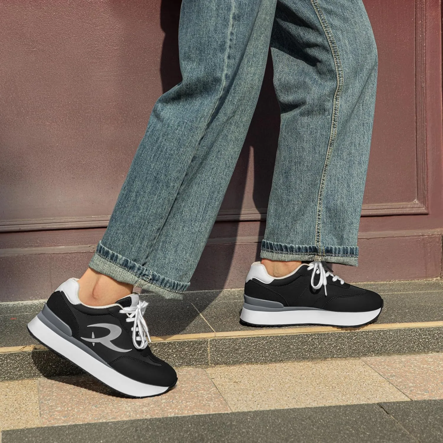 Rihero Women's Platform Sneakers Casual Lace Up Non Slip Tennis Walking Shoes Comfortable Lightweight Chunky Fashion Sneakers