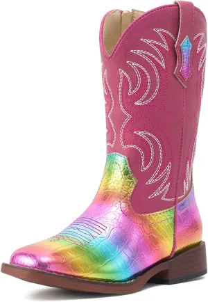 Rollda Kids Cowboy Boots Girls Cowgirl Boots Square Toe Boys Western Boots for Toddler/Little Kid/Big Kid