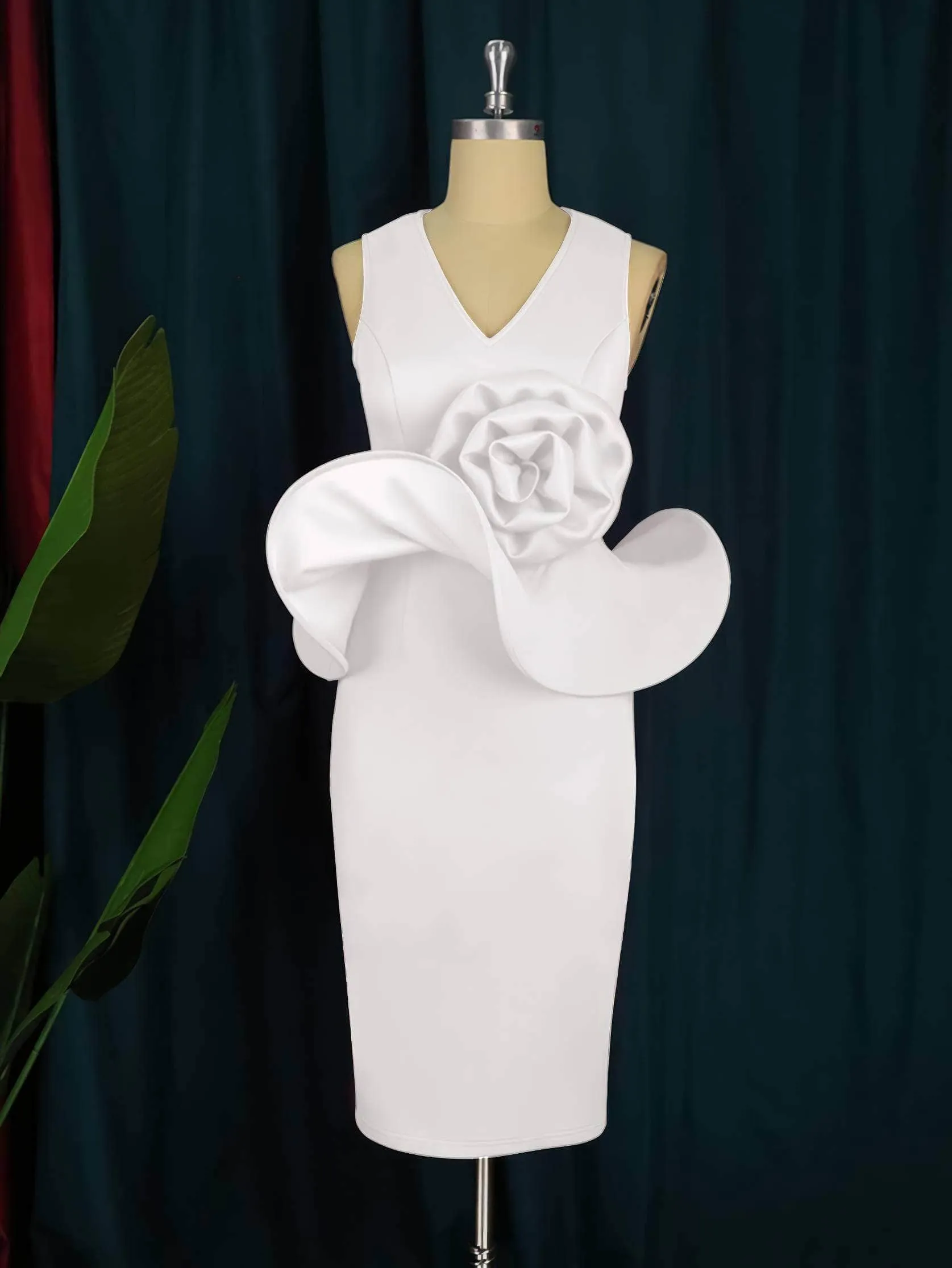 Ruffle Trim Large Flower Embellished Peplum Dress