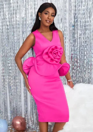 Ruffle Trim Large Flower Embellished Peplum Dress