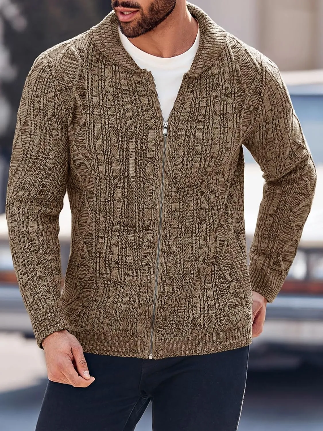 Ryannology Mens Shawl Neck Cardigan Sweater Cable Knit Zip Up Closure with Pockets Winter Sweaters Outerwear