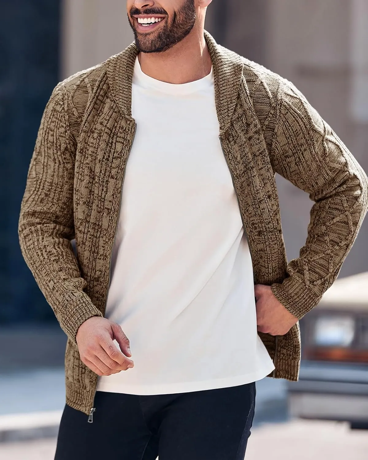 Ryannology Mens Shawl Neck Cardigan Sweater Cable Knit Zip Up Closure with Pockets Winter Sweaters Outerwear