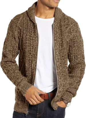 Ryannology Mens Shawl Neck Cardigan Sweater Cable Knit Zip Up Closure with Pockets Winter Sweaters Outerwear