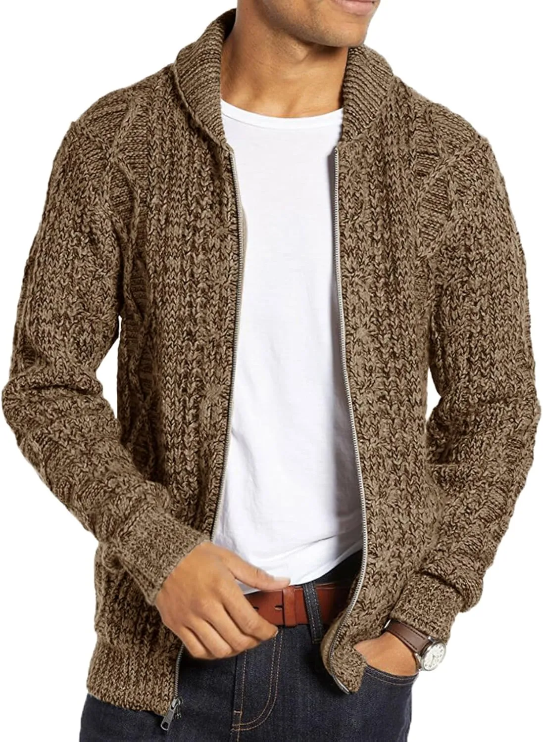 Ryannology Mens Shawl Neck Cardigan Sweater Cable Knit Zip Up Closure with Pockets Winter Sweaters Outerwear