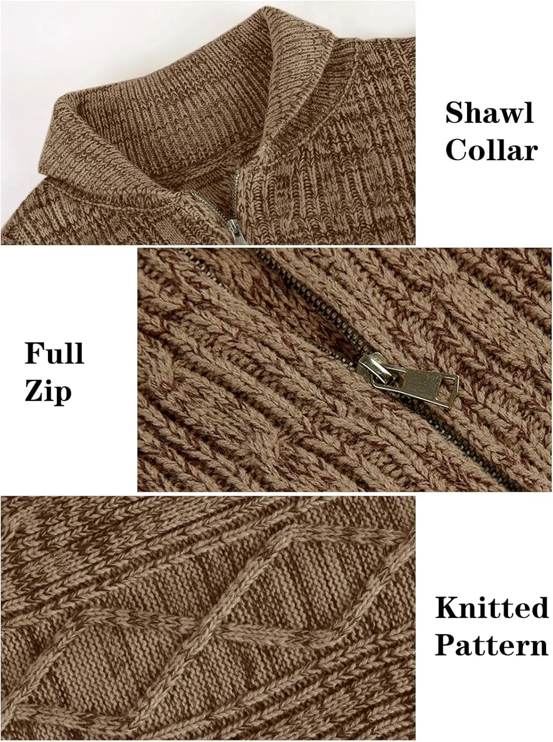 Ryannology Mens Shawl Neck Cardigan Sweater Cable Knit Zip Up Closure with Pockets Winter Sweaters Outerwear