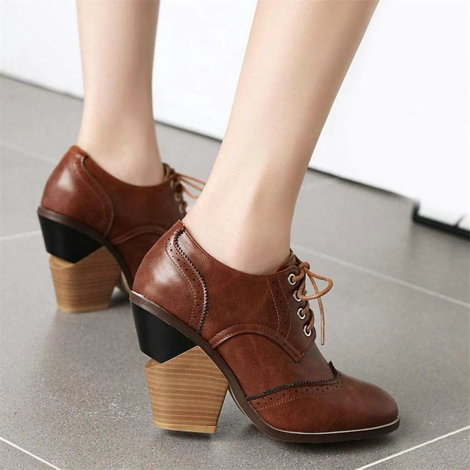 SACFOF Women's Chunky Mid Heel Wingtip Oxfords Round Toe Lace Up Block Heels Vintage Dress Pumps Shoes