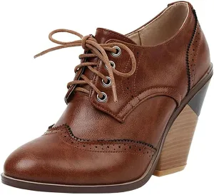 SACFOF Women's Chunky Mid Heel Wingtip Oxfords Round Toe Lace Up Block Heels Vintage Dress Pumps Shoes
