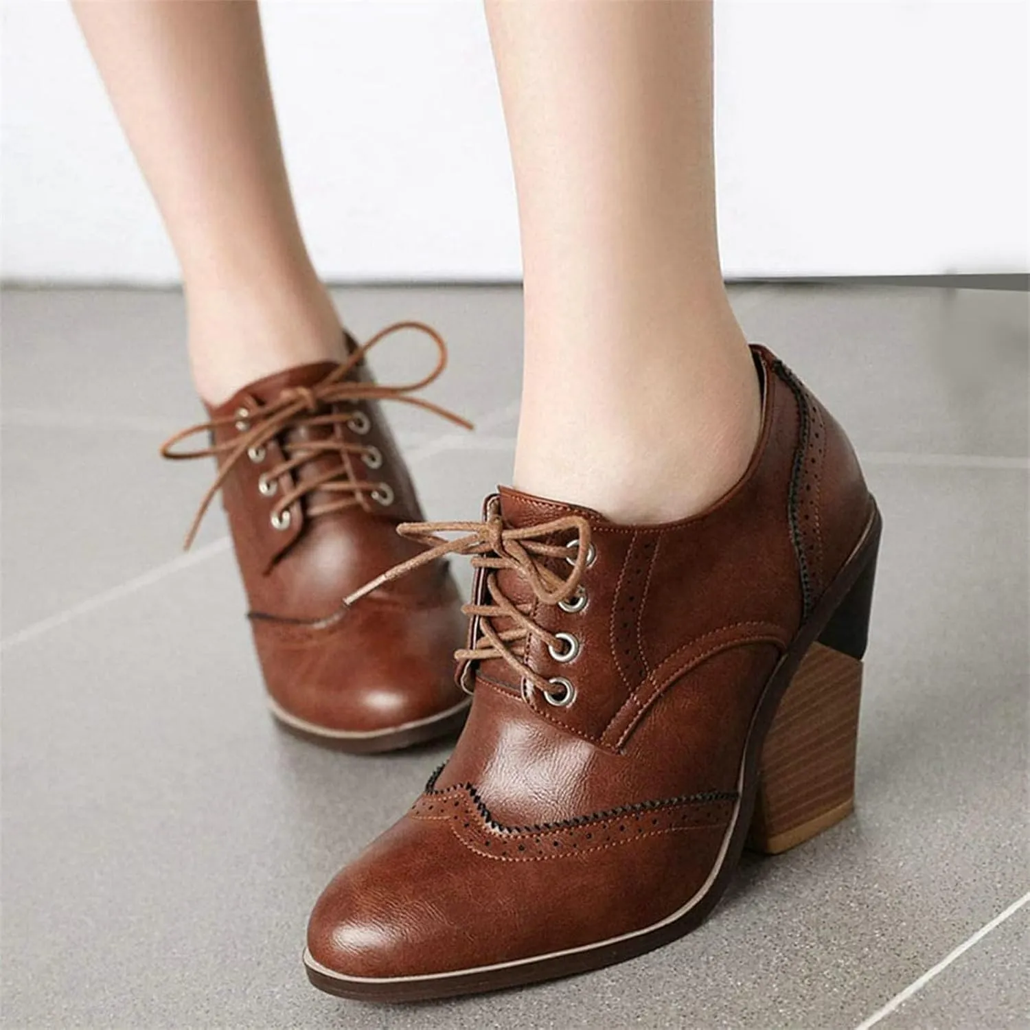 SACFOF Women's Chunky Mid Heel Wingtip Oxfords Round Toe Lace Up Block Heels Vintage Dress Pumps Shoes