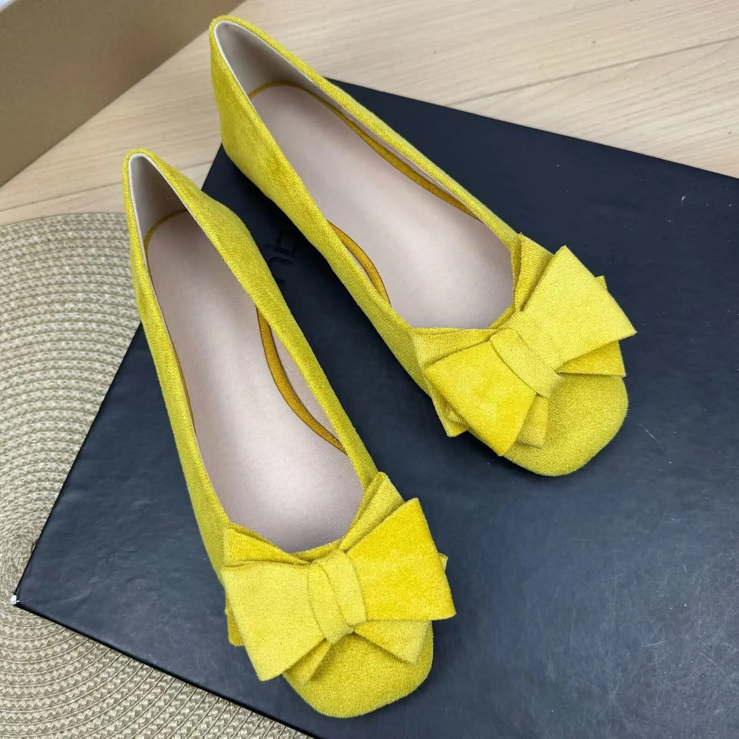 SAILING LU Women's Bow Knot Ballet Flats Square Toe Flat Shoes Suede Dress Shoes Wear to Work Slip On Moccasins