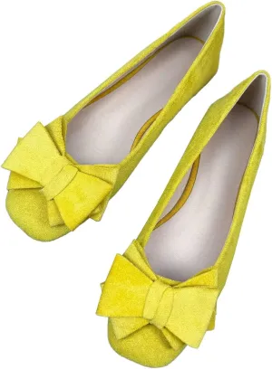 SAILING LU Women's Bow Knot Ballet Flats Square Toe Flat Shoes Suede Dress Shoes Wear to Work Slip On Moccasins