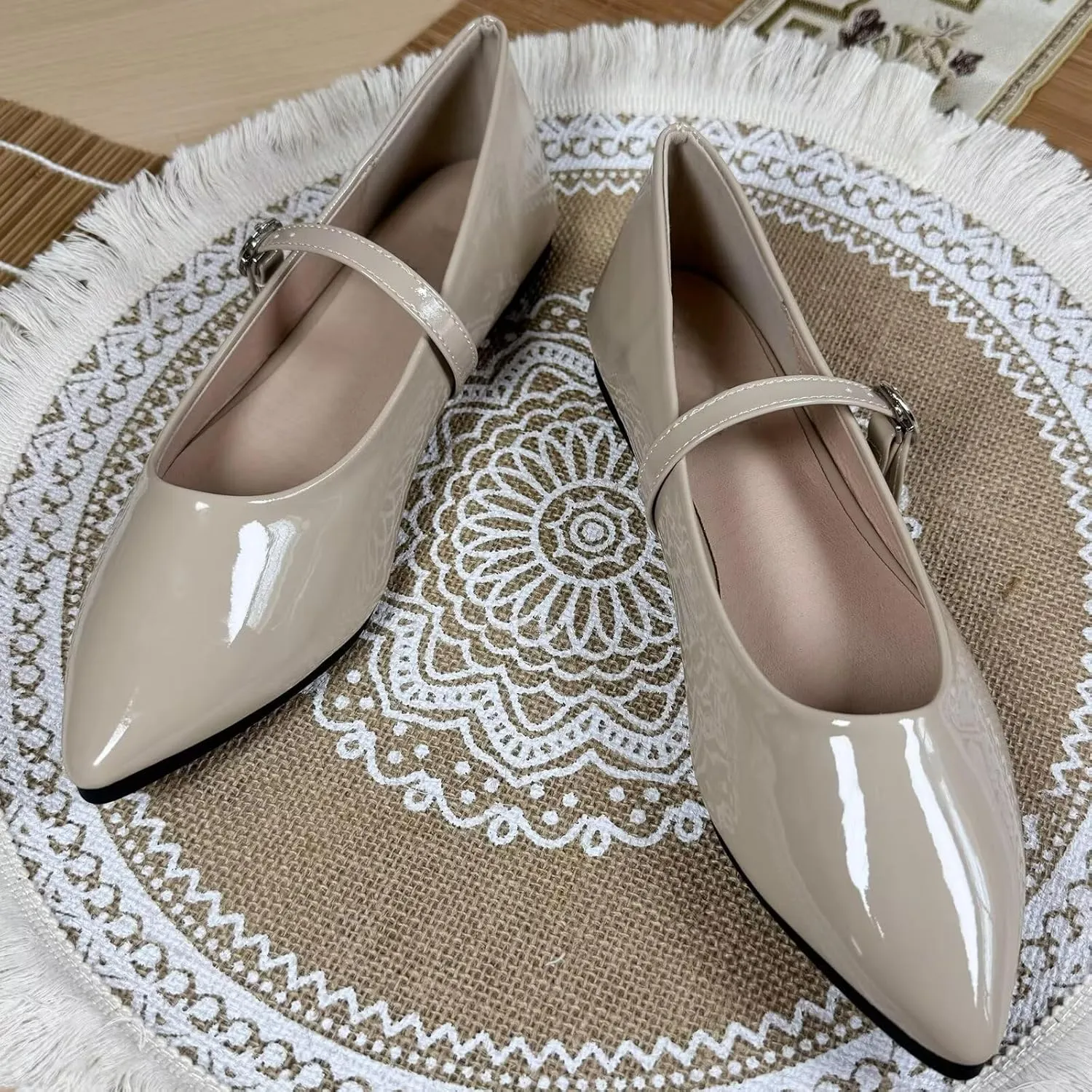 SAILING LU Women's Pointy Toe Mary Jane Flats PU Leather Buckle Fashion Vintage Wedding Dress Flats Shoes
