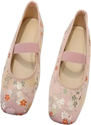 SAILING LU Women's Round Toe Embroidered Ballet Flats Retro Dressy Buckle Flat Shoes Elegant Wedding Soft Slip-Ons for Women