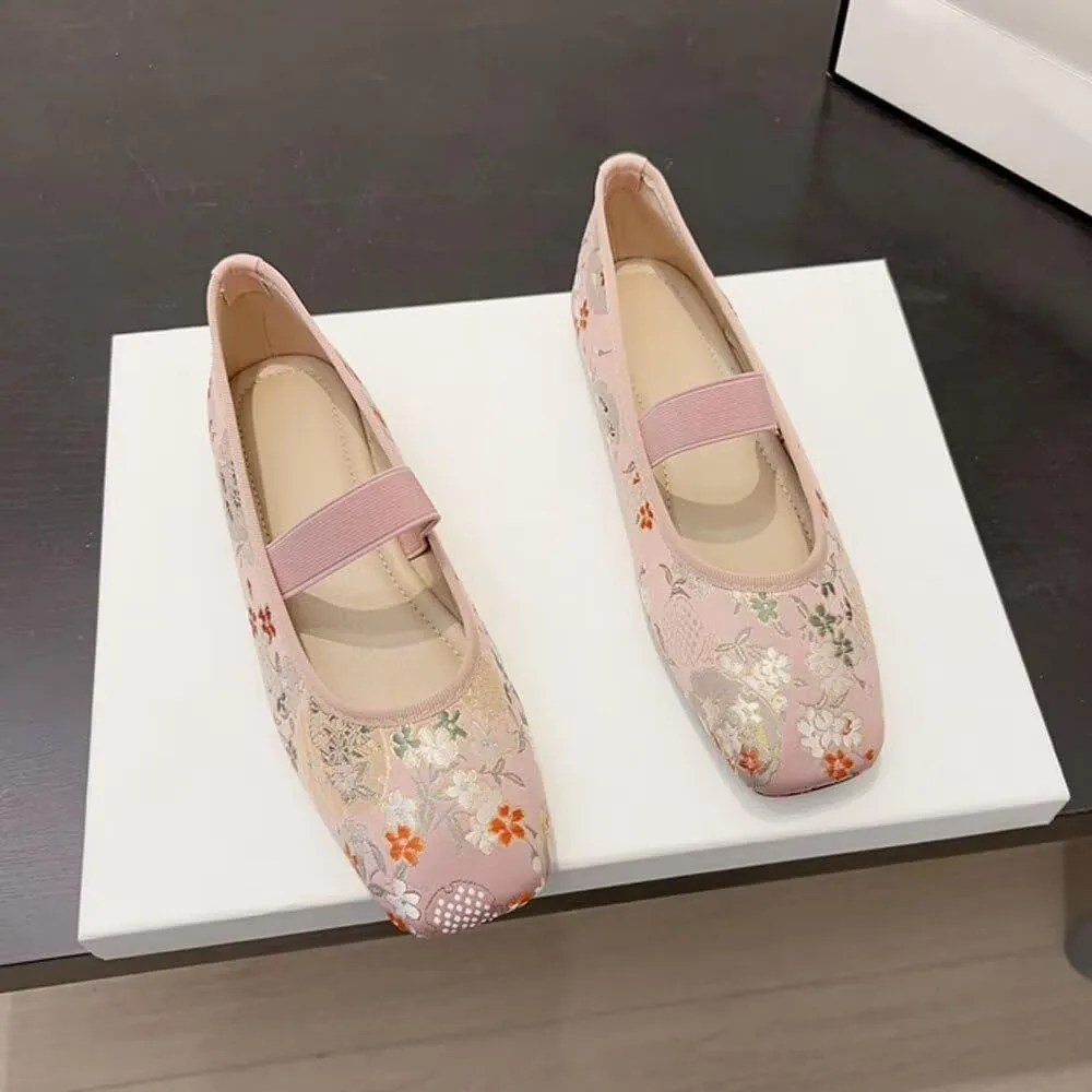 SAILING LU Women's Round Toe Embroidered Ballet Flats Retro Dressy Buckle Flat Shoes Elegant Wedding Soft Slip-Ons for Women
