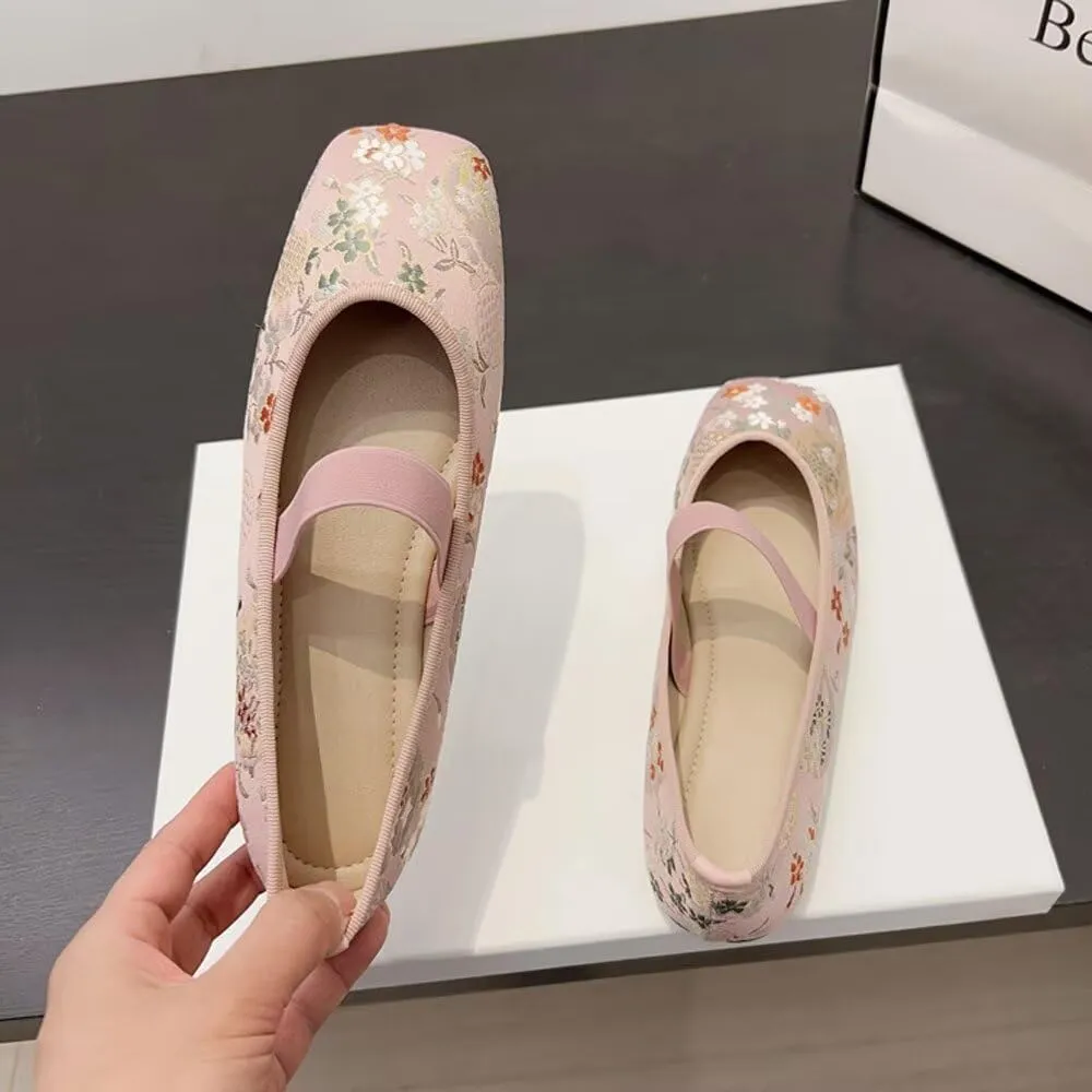 SAILING LU Women's Round Toe Embroidered Ballet Flats Retro Dressy Buckle Flat Shoes Elegant Wedding Soft Slip-Ons for Women