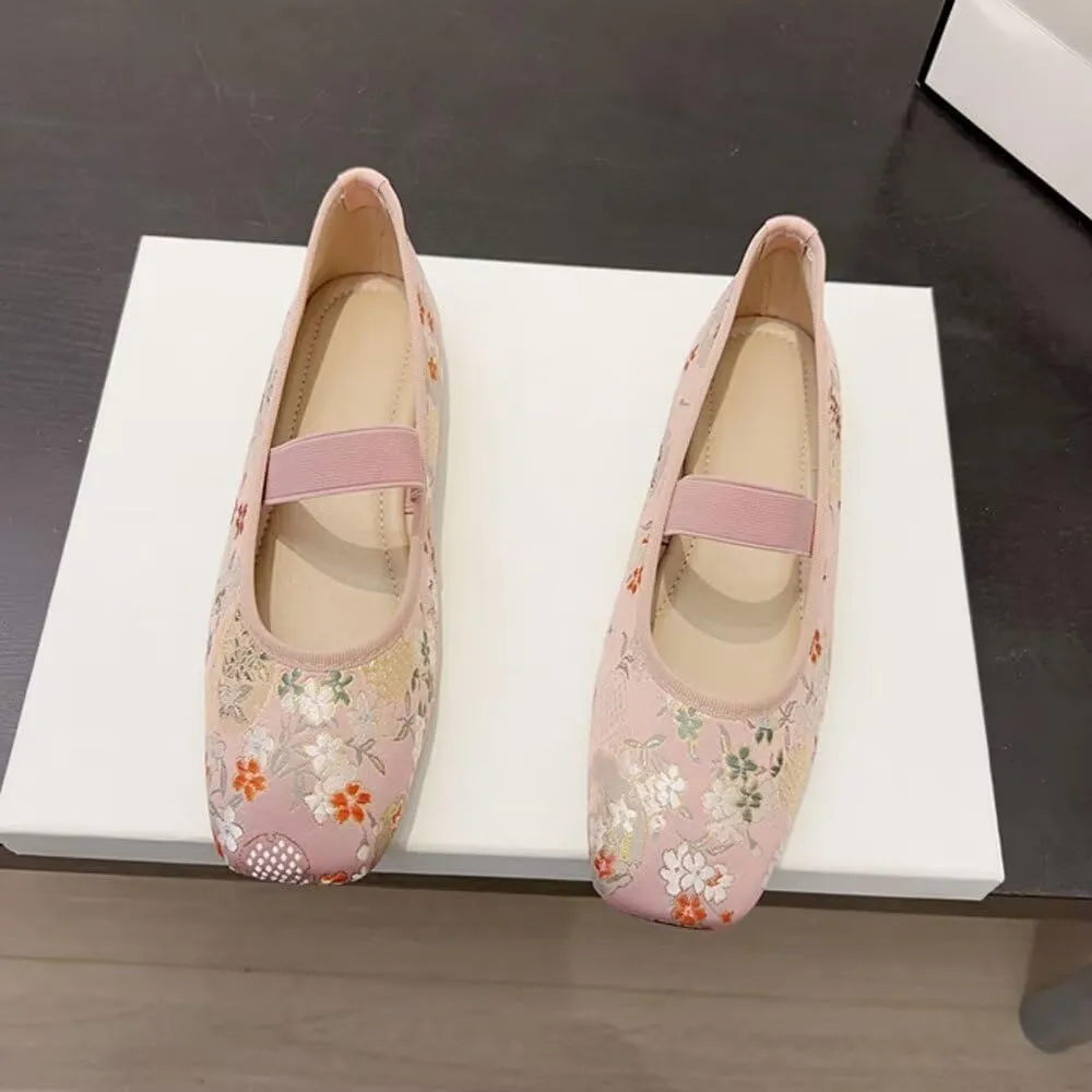 SAILING LU Women's Round Toe Embroidered Ballet Flats Retro Dressy Buckle Flat Shoes Elegant Wedding Soft Slip-Ons for Women