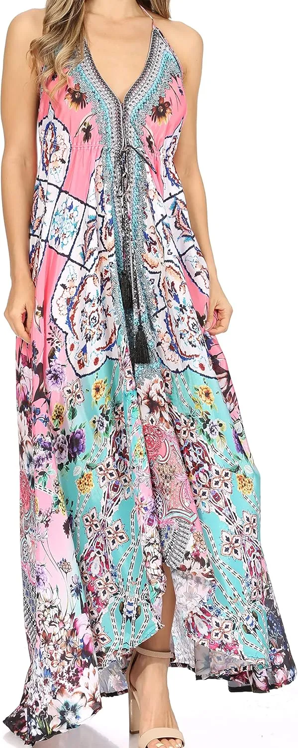 Sakkas Lizi Womens Maxi High-Low Halter Handkerchief Long Dress Beach Party
