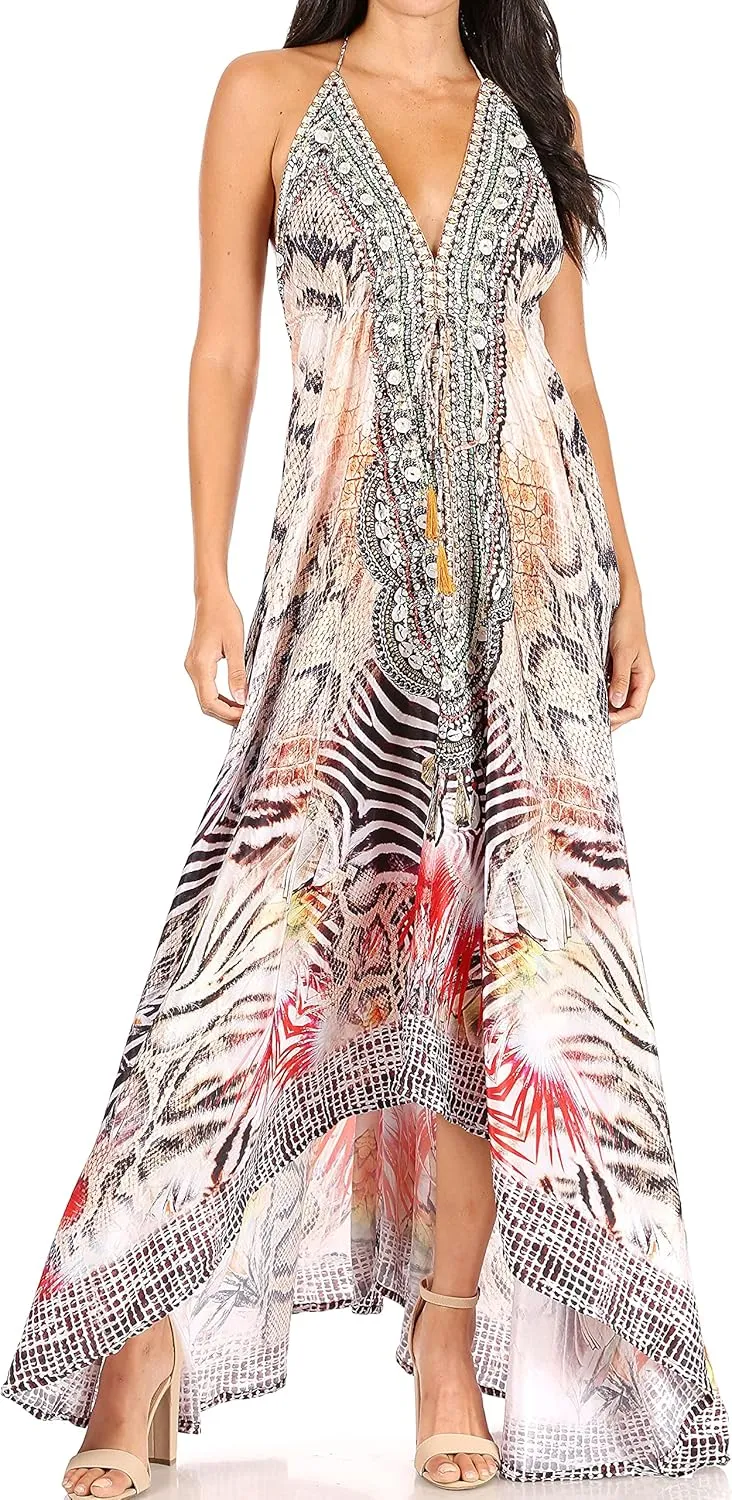 Sakkas Lizi Womens Maxi High-Low Halter Handkerchief Long Dress Beach Party