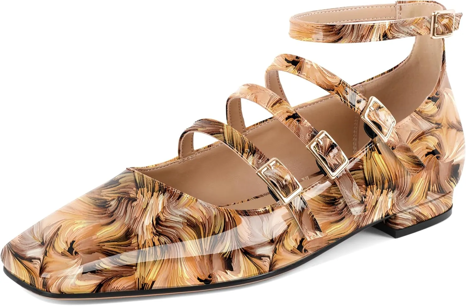SAMMITOP Mary Jane Shoes Women Ballet Flats Low Block Heel Square Toe Flats Ankle Strap Pumps Wedding Dressy