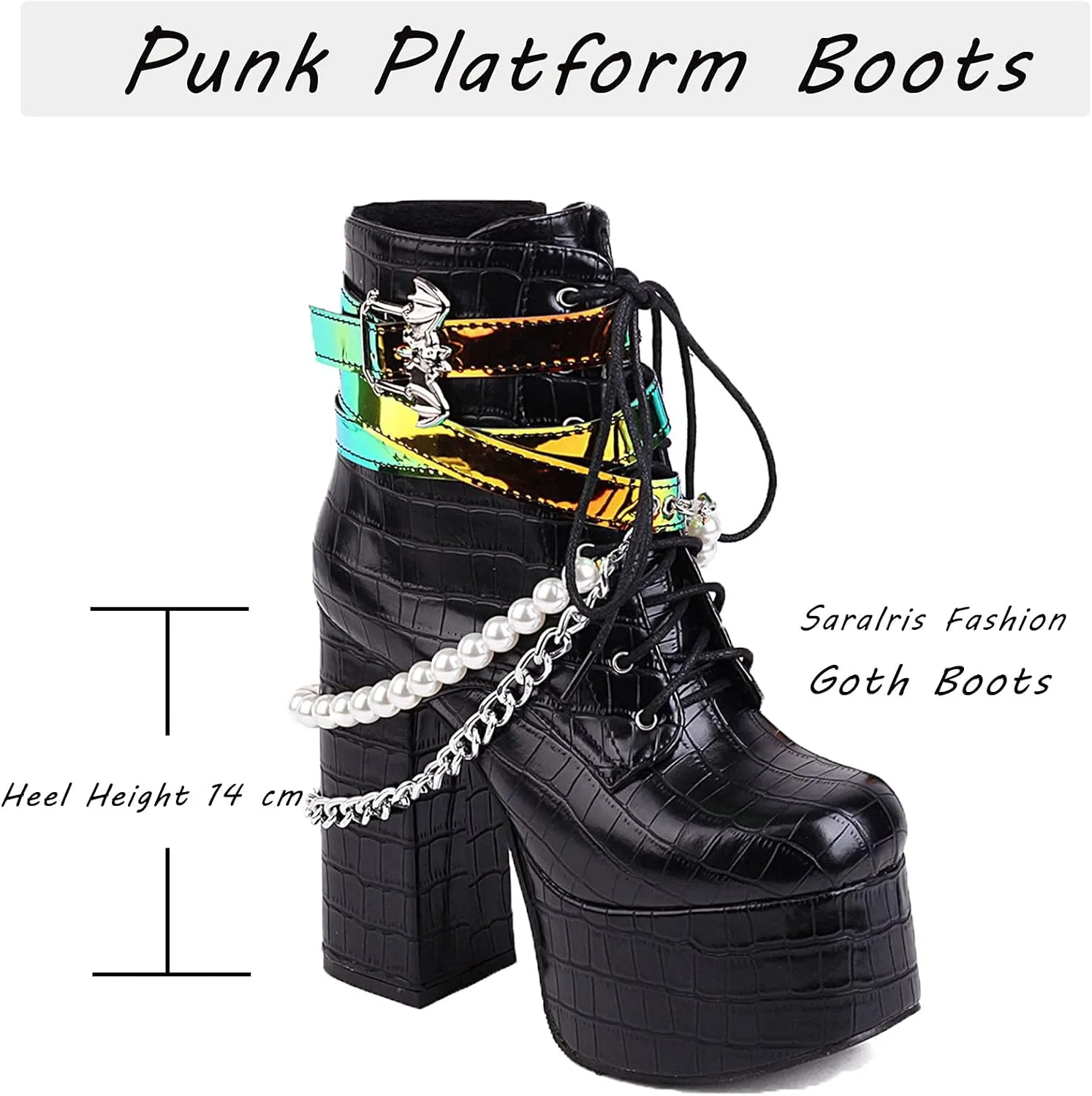 SaraIris Women's Platform Boots Chunky High Heel Lace-up Ankle Boots with Chain and Pearl Black Punk Goth Boots