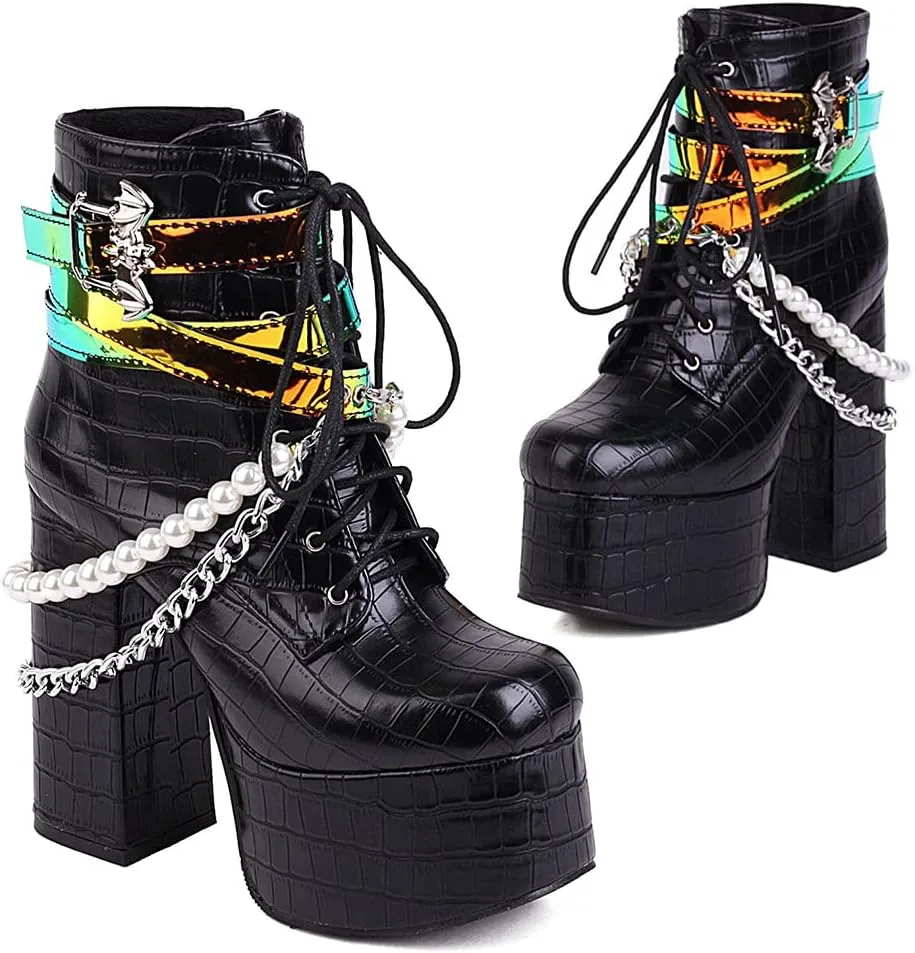 SaraIris Women's Platform Boots Chunky High Heel Lace-up Ankle Boots with Chain and Pearl Black Punk Goth Boots