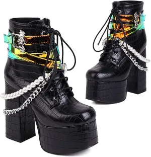 SaraIris Women's Platform Boots Chunky High Heel Lace-up Ankle Boots with Chain and Pearl Black Punk Goth Boots