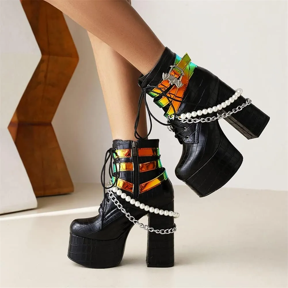 SaraIris Women's Platform Boots Chunky High Heel Lace-up Ankle Boots with Chain and Pearl Black Punk Goth Boots