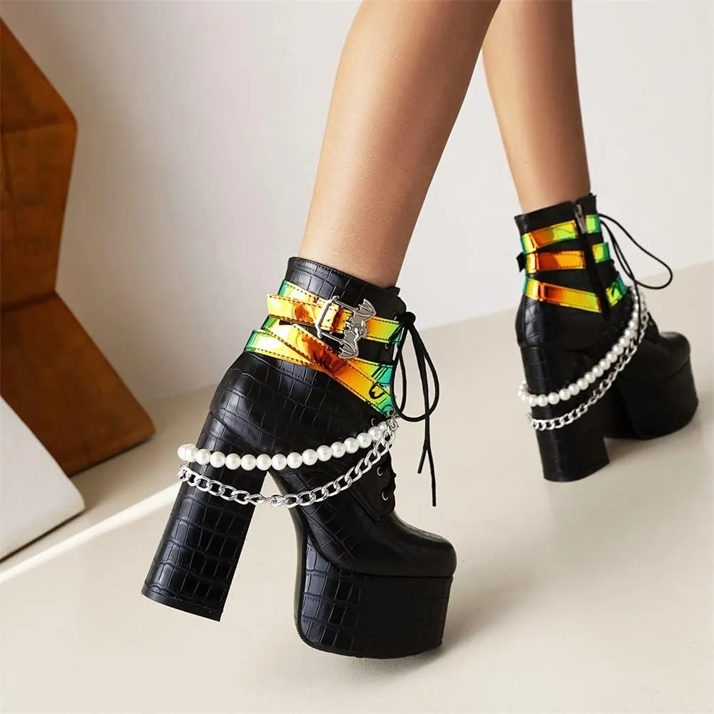 SaraIris Women's Platform Boots Chunky High Heel Lace-up Ankle Boots with Chain and Pearl Black Punk Goth Boots