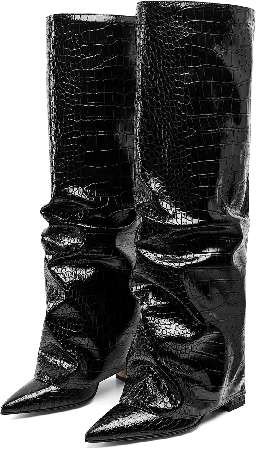SaraIris Women's Slouchy Knee High Boots - Black, Pointed Toe, Fold Over, Chunky, Shark Boots