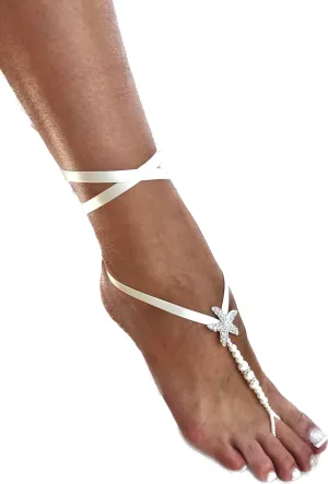 Satin Ribbon beach wedding barefoot sandals, handmade in Europe with top quality glass beads and rhinestones, one size, 1 pair (White)