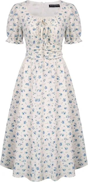 Scarlet Darkness Women Summer Victorian Square Neck Floral Dress Cottagecore Dress with Pockets