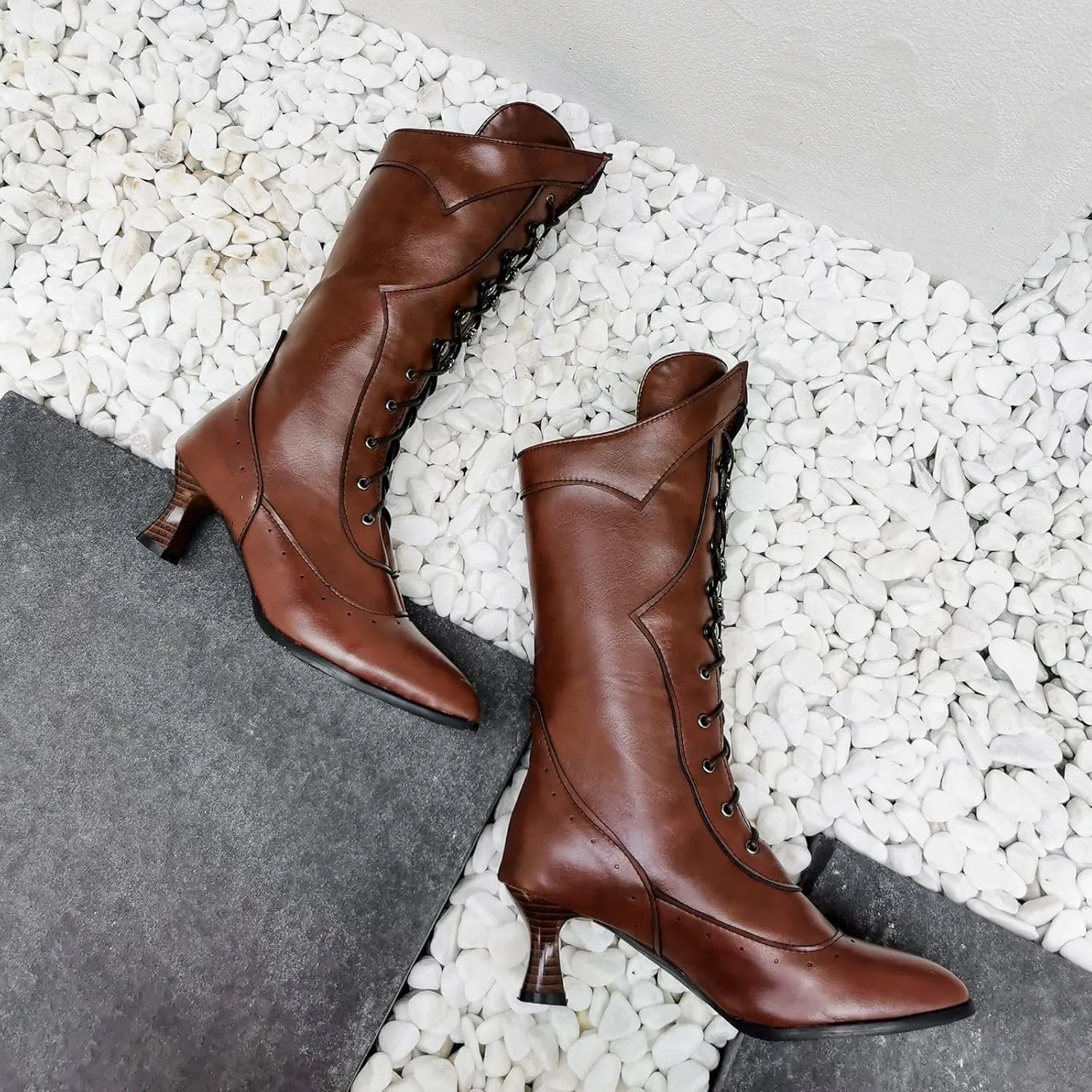 Seborluys Women Victorian Vintage Knee High Boots Kitten Heel Pointed Toe Lace Up Knee Length Boots Pull On Long Boot