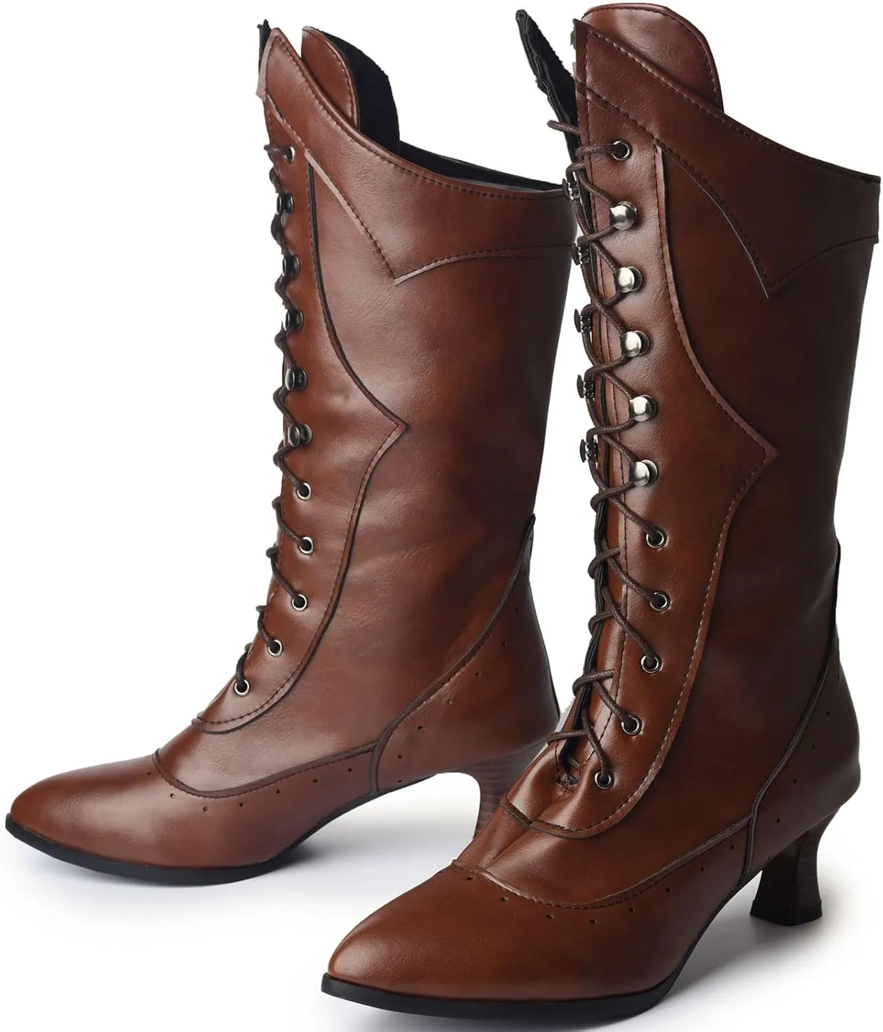 Seborluys Women Victorian Vintage Knee High Boots Kitten Heel Pointed Toe Lace Up Knee Length Boots Pull On Long Boot