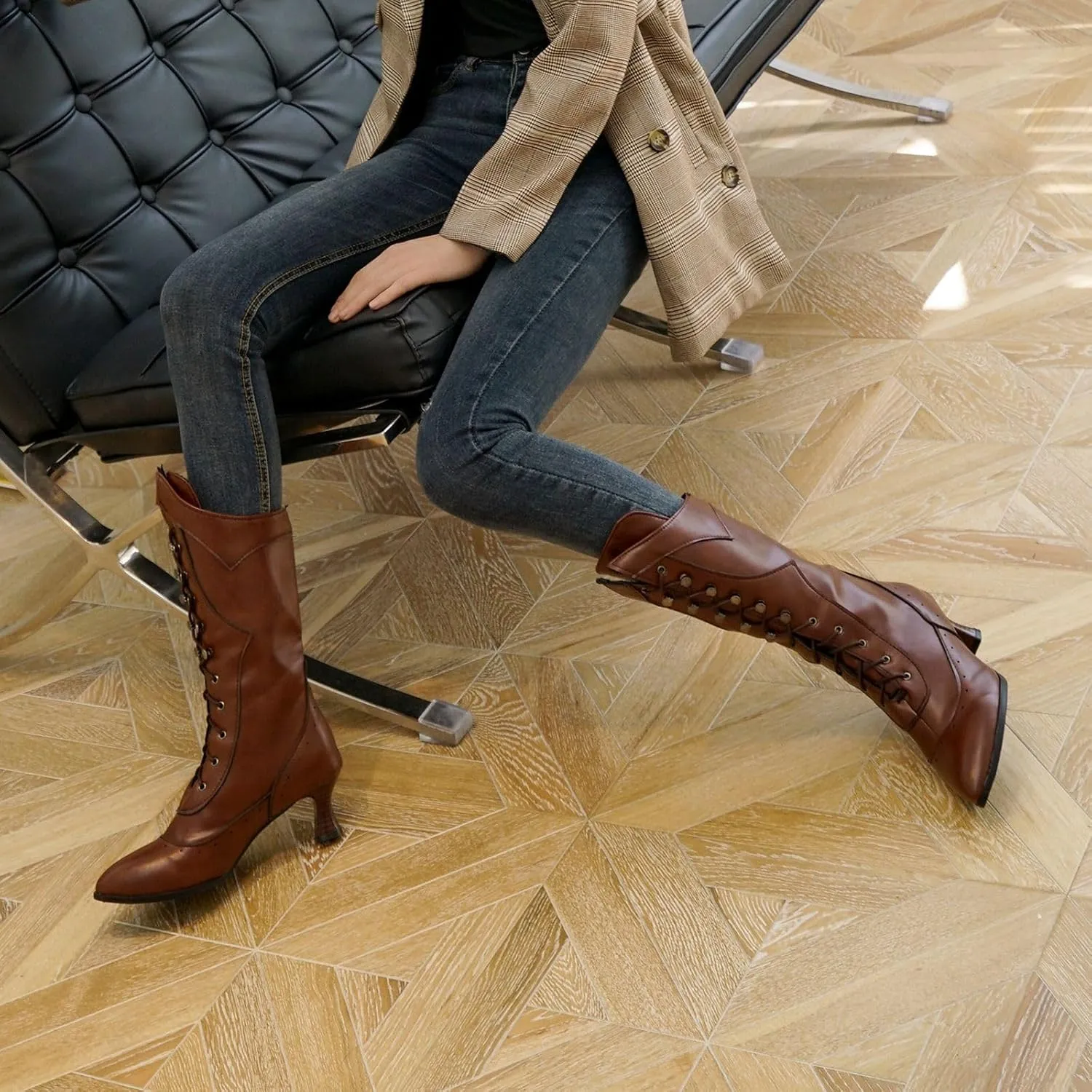 Seborluys Women Victorian Vintage Knee High Boots Kitten Heel Pointed Toe Lace Up Knee Length Boots Pull On Long Boot