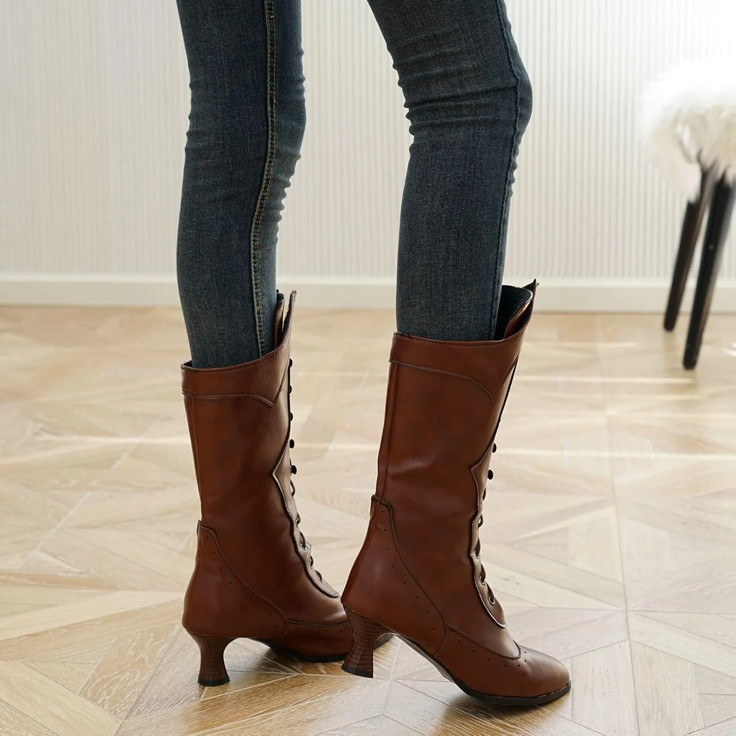 Seborluys Women Victorian Vintage Knee High Boots Kitten Heel Pointed Toe Lace Up Knee Length Boots Pull On Long Boot