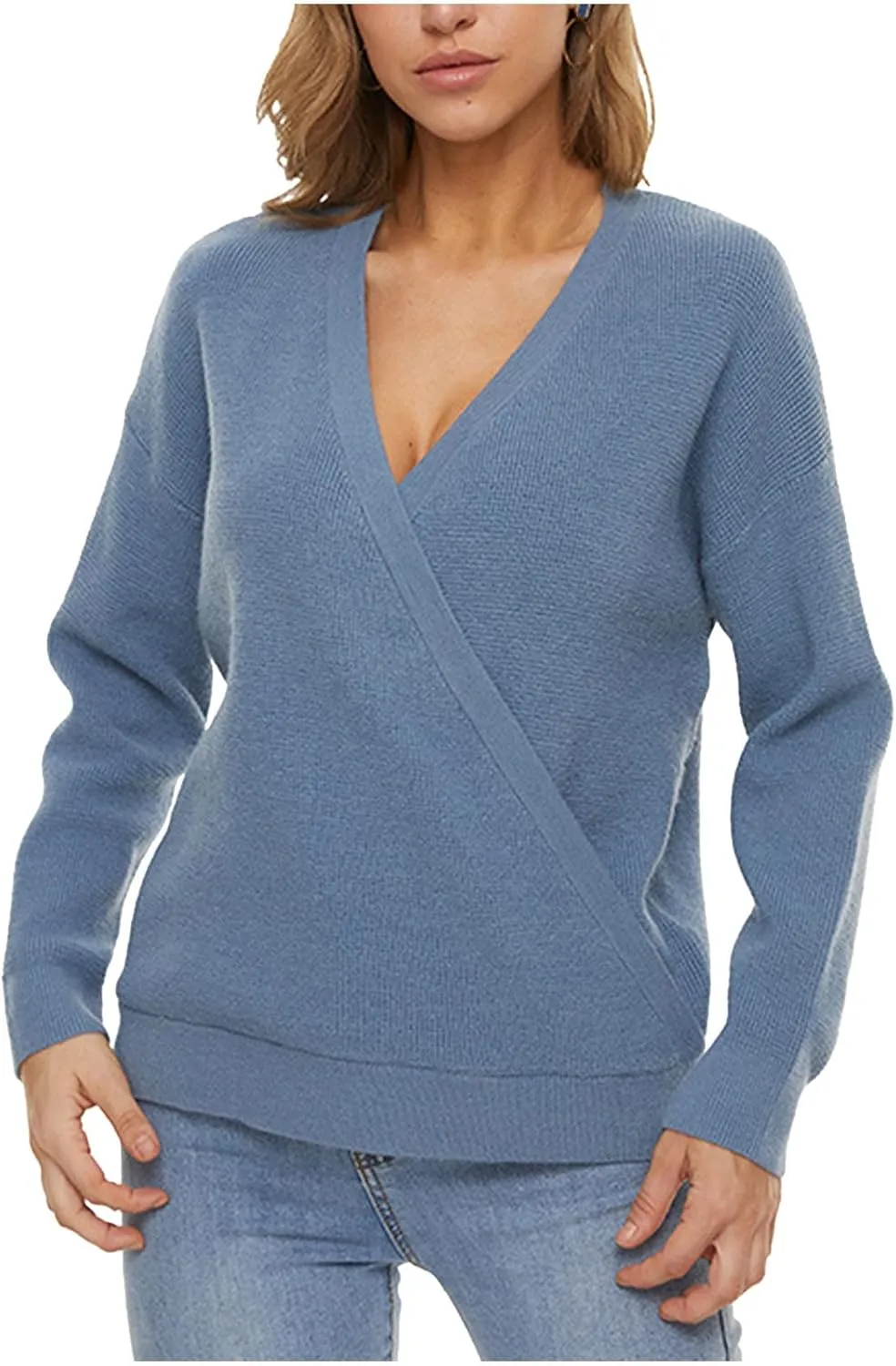Sexy Cross Wrap v Neck Sweaters for Women Trendy Oversized Long Sleeve Knit Pullover Tops Ladies Casual Sweater