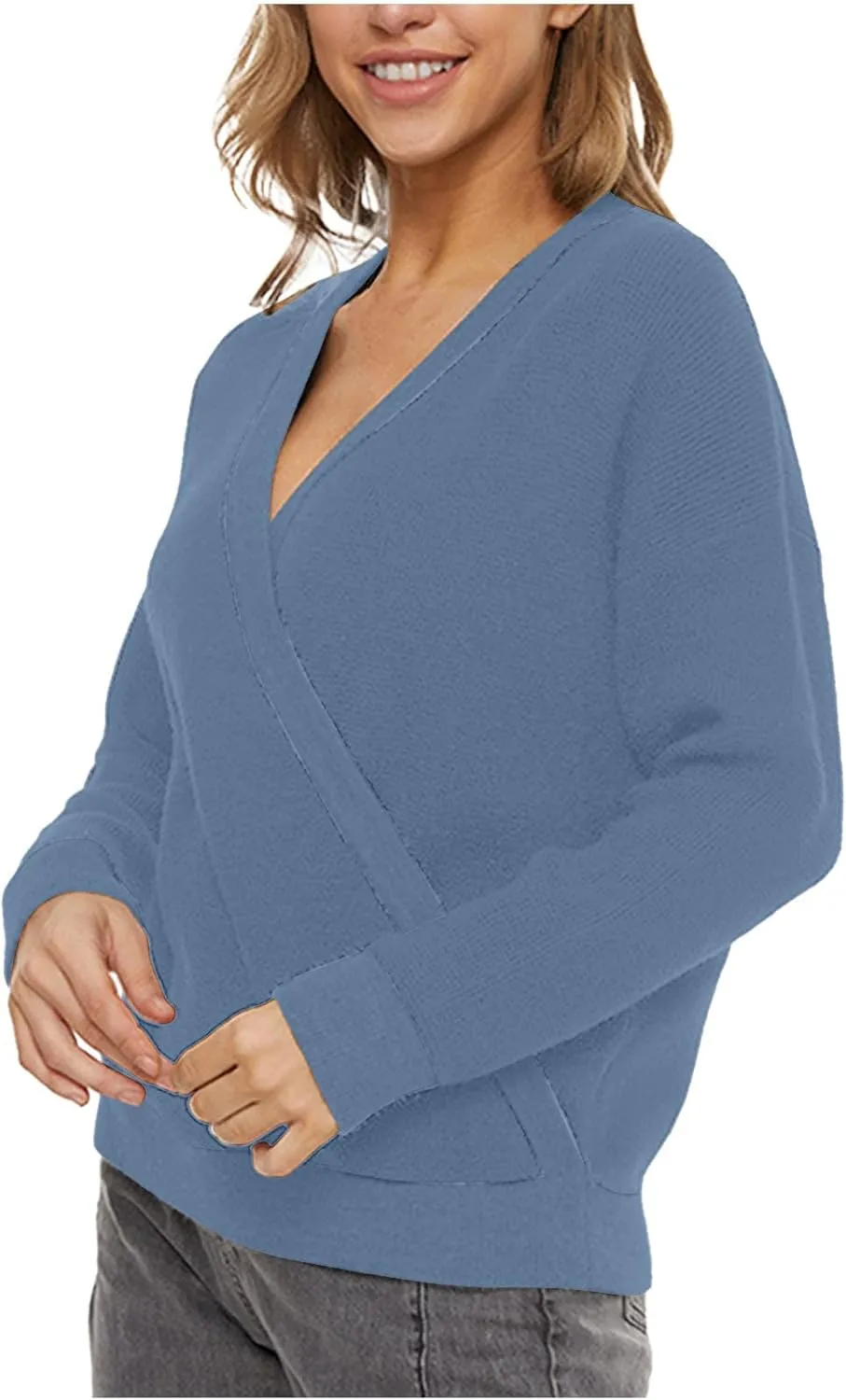 Sexy Cross Wrap v Neck Sweaters for Women Trendy Oversized Long Sleeve Knit Pullover Tops Ladies Casual Sweater